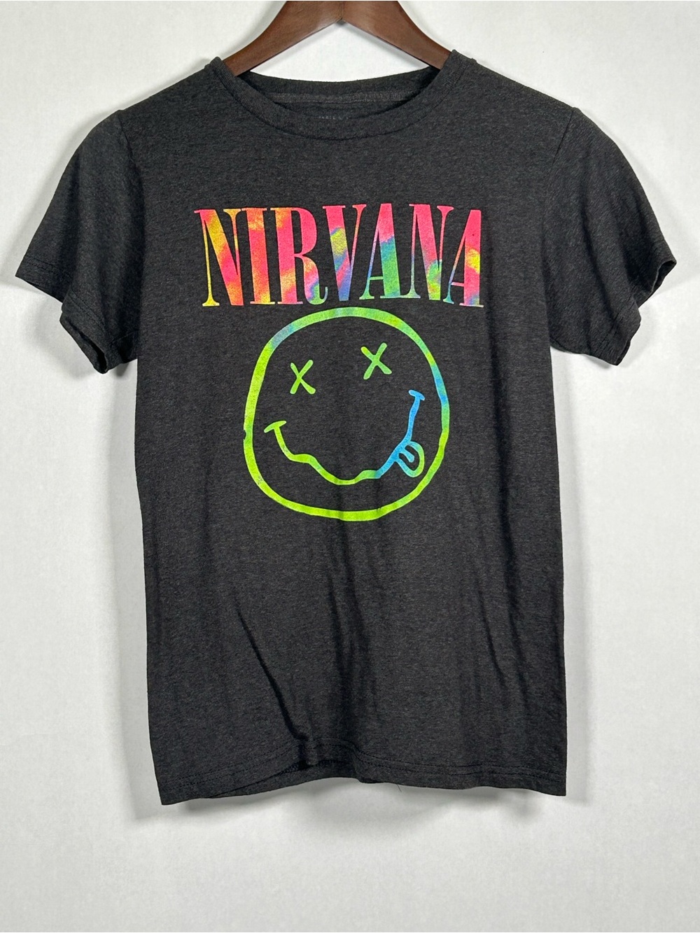 NIRVANA Black Tee with Neon Rainbow Smiley Logo Band